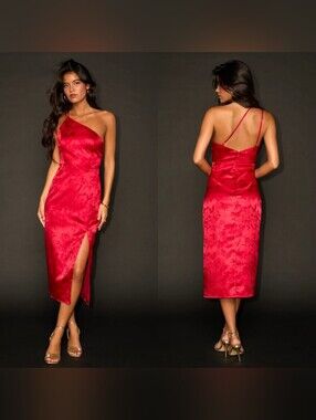 Lulus Desirable Dream Red Satin Jacquard Halter Neck Midi Dress S Wedding Party